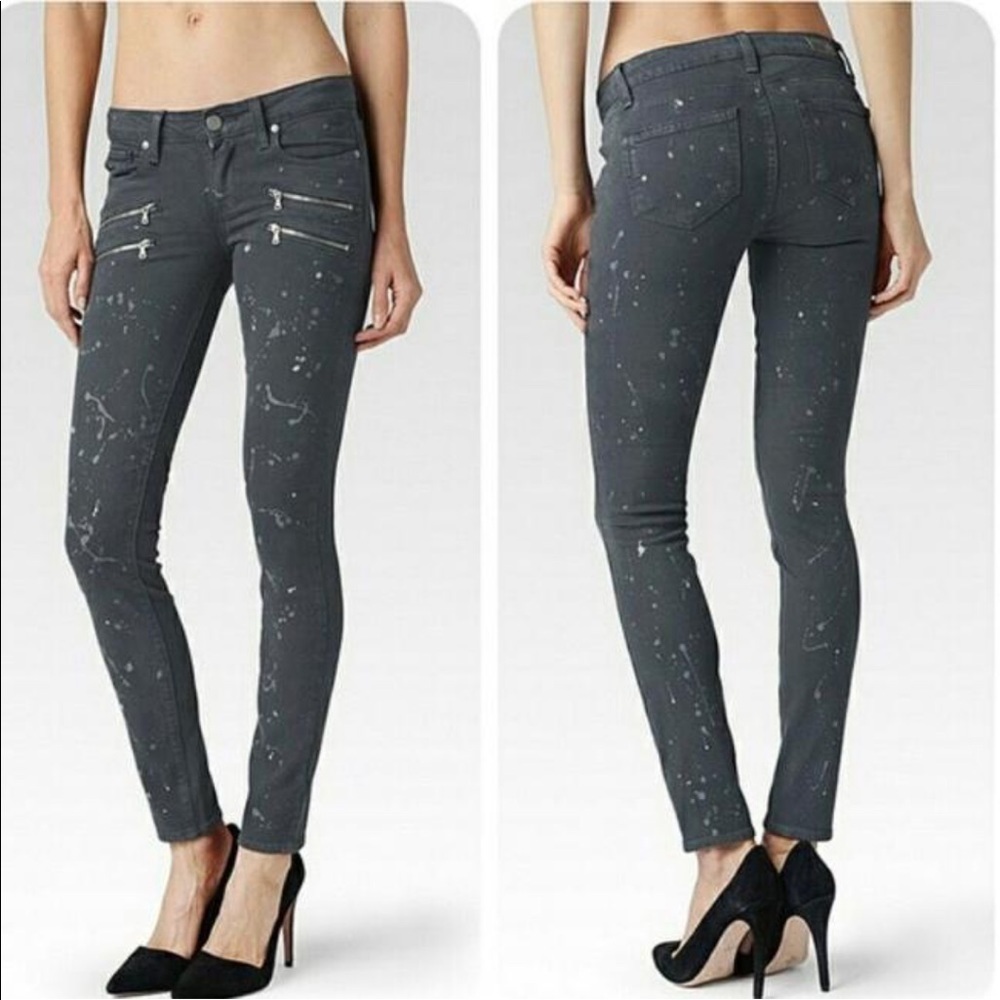 HP🎉 PAIGE Edgemont Grey Zip Paint Splatter Skinny Jeans Size 27